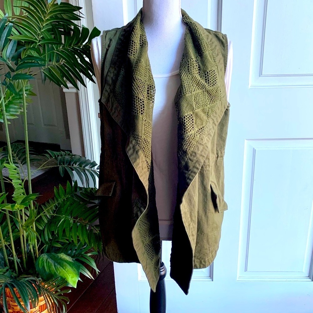 Blu Pepper Olive Crochet Collar Utility Vest M Cotton Boho